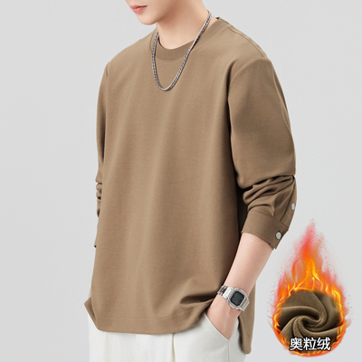 重磅长袖t恤男款秋冬季加绒加厚开叉下摆美式潮牌纯色打底衫卫衣
