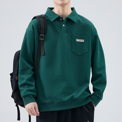 秋季重磅卫衣男士休闲宽松POLO衫领长袖t恤纯色美式翻领加厚外套