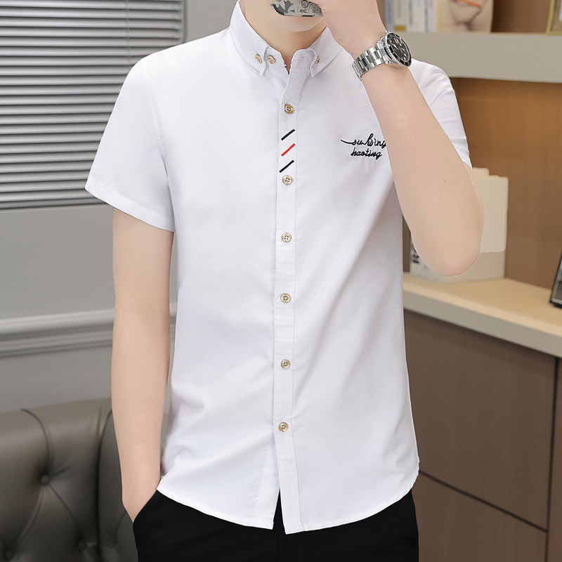 夏季薄款男士短袖衬衫百搭黑白色休闲正装冰丝纯色学院风立领衬衣