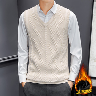 男士针织背心马甲秋冬季加绒保暖无袖毛衣修身坎肩打底衫v领线衣