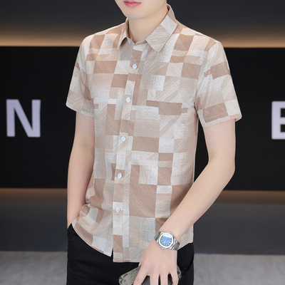2025新款夏季冰丝短袖男士衬衫百搭夏天薄款休闲衬衣修身格子寸衫