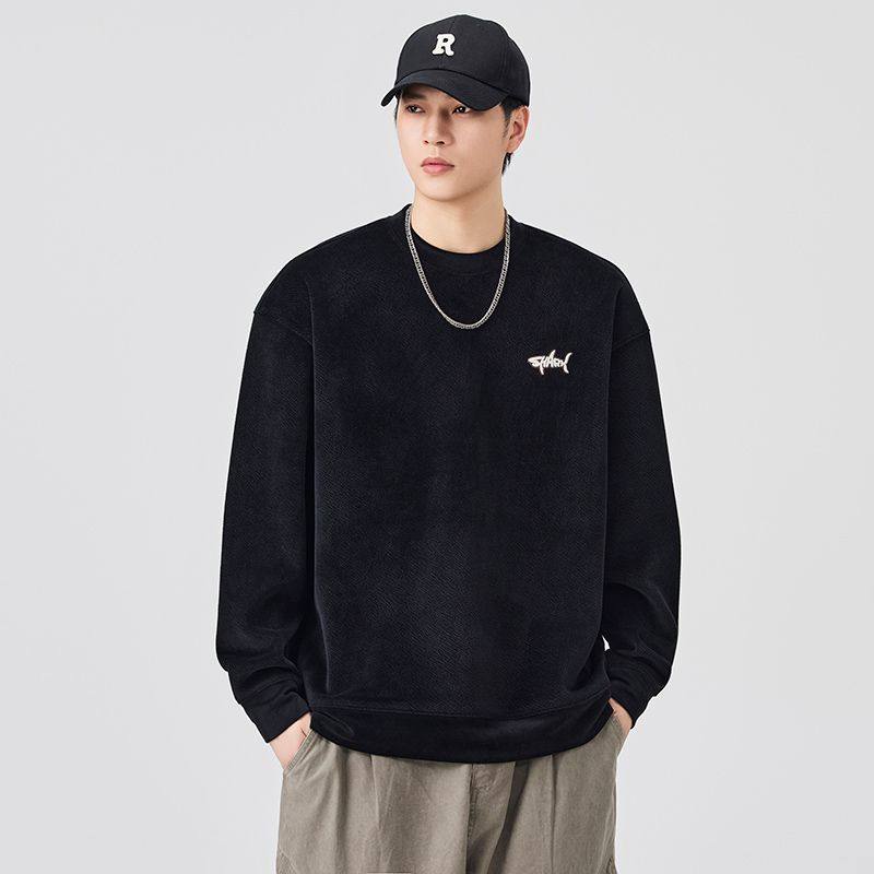 春秋季黑色圆领宽松潮牌上衣男士
