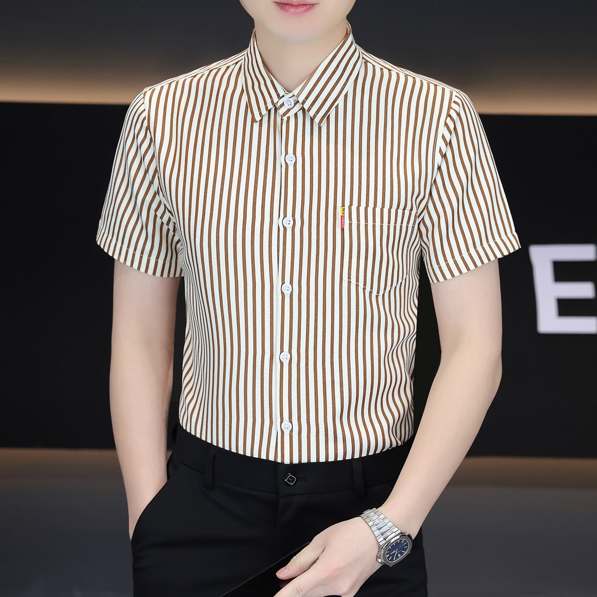 夏季新款男士短袖衬衫商务职业上班修身条纹休闲免烫冰丝半袖衬衣