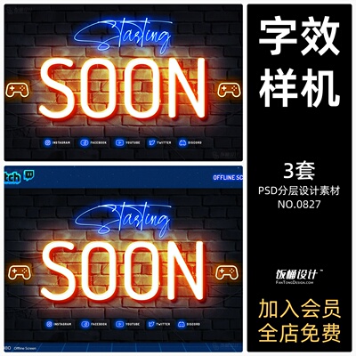 荧光灯字体文字特效边框样式智能贴图样机模板PSD分层设计素材