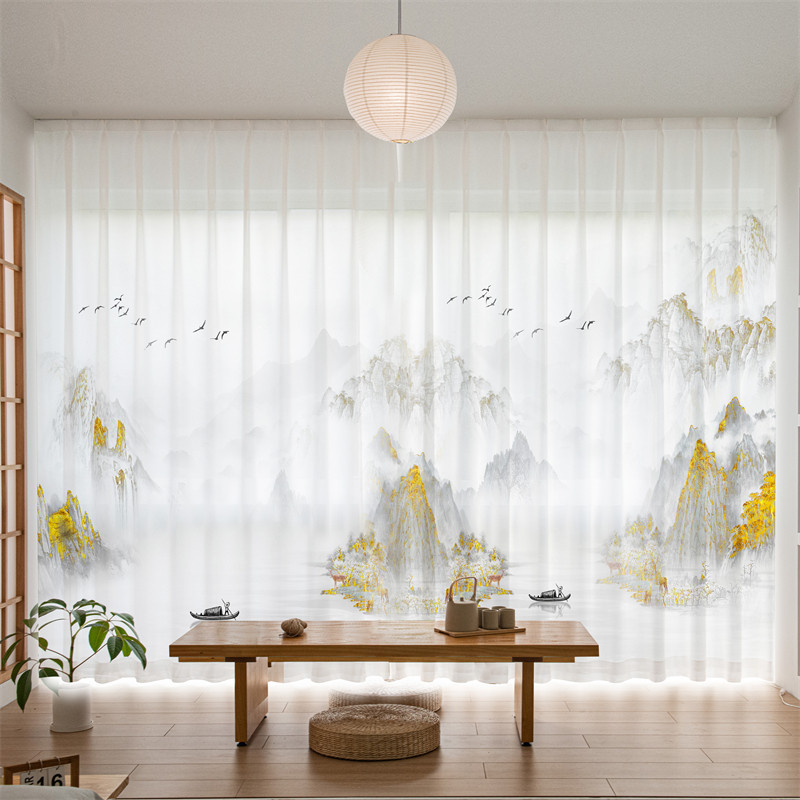 新中式山水墨画国风茶室窗帘窗纱2026年新款禅意客厅风景隔断纱帘