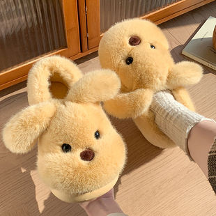 毛绒保暖家居室内厚底毛拖鞋 2025新款 女士冬季 包跟可爱小狗棉拖鞋