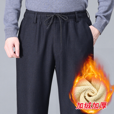 爸爸加绒裤子冬款宽松保暖松紧腰休闲裤男中老年人加厚羊驼绒西裤