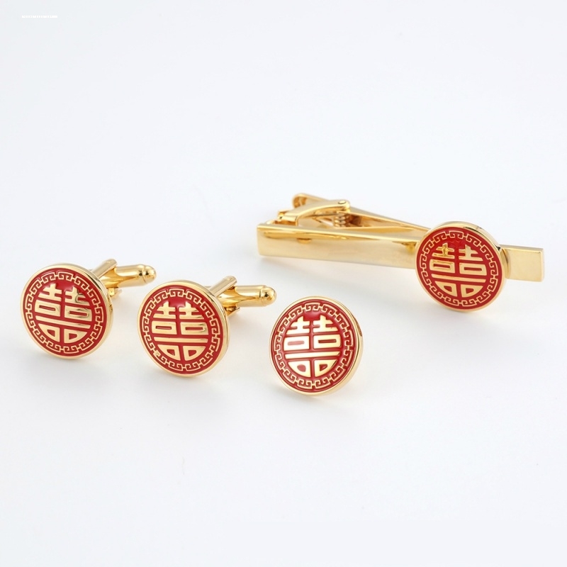 男士结婚喜字袖扣套装双喜字领带夹袖扣胸针新郎伴郎袖口扣