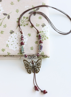 复古蝴蝶吊坠项链皮绳子项圈卫衣项链潮酷百搭项链短款