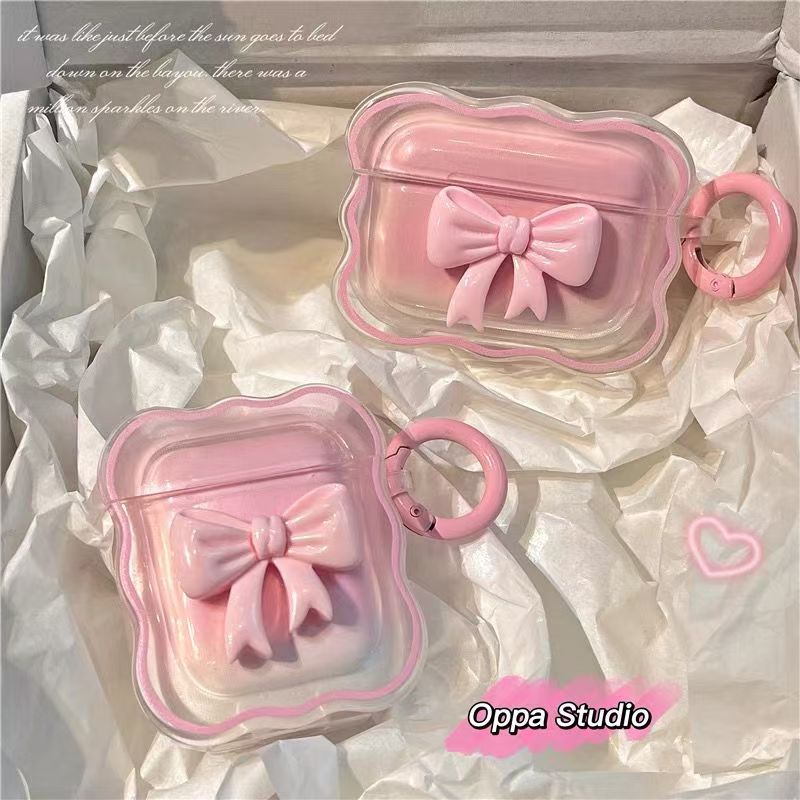 粉色立体蝴蝶结波浪边保护壳可爱少女风适用airpods4无线蓝牙耳机保护套可爱AirPodspro2代软壳airpods3