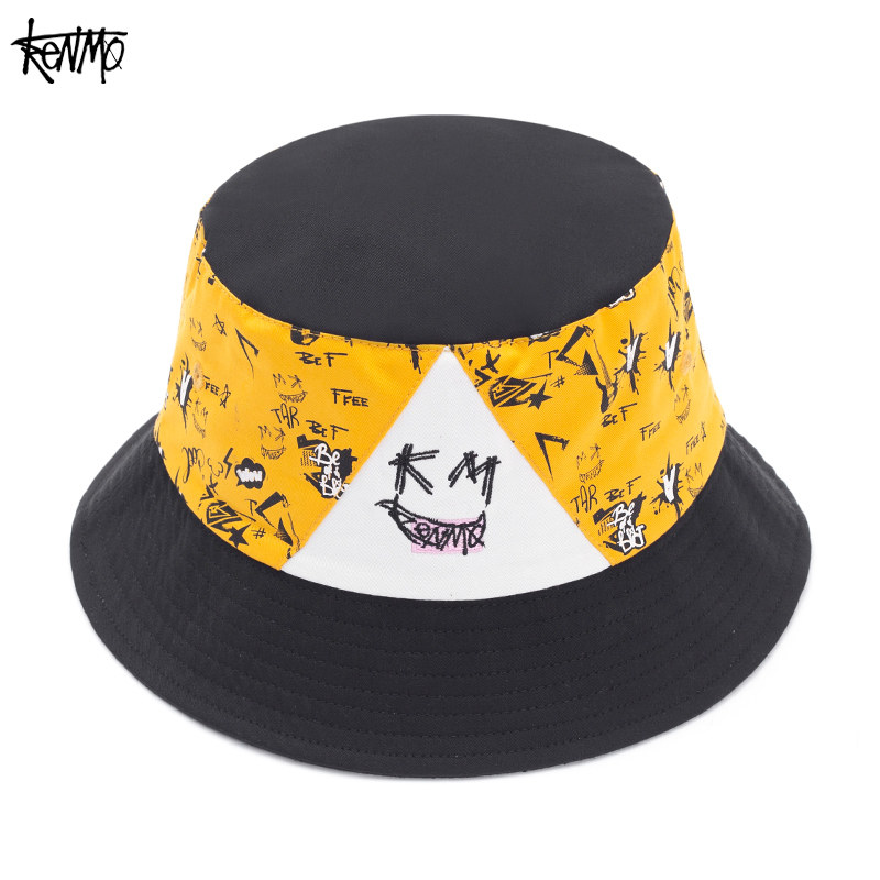 kenmo肯默搞怪笑脸渔夫帽韩版街头嘻哈盆帽满印撞色遮阳帽子