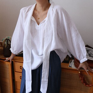 坦白 纯亚麻法式慵懒松弛感宽松版衬衣 小V领系结气质长袖女上衣