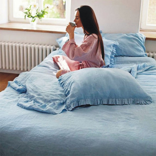 定制 100%水洗亚麻蓝色荷叶边床品四件套 法国进口纱线柔软舒适