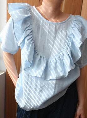 通勤宽松型荷叶边短袖女士上衣