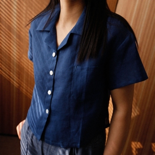 西服领上衣 复古100%汉麻极简中性短袖 百搭宽松翻领衬衣 法式 无艳