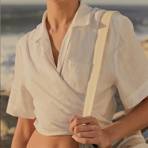 小众扭结绑带浪漫亚麻短袖衬衫