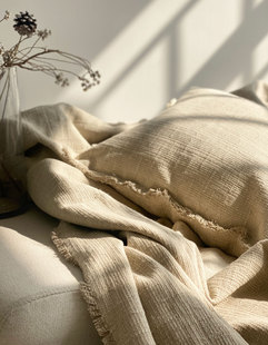 侘寂风重磅棉麻提花毯子水洗柔软 纹理粗粝感55%麻45%棉沙发盖巾