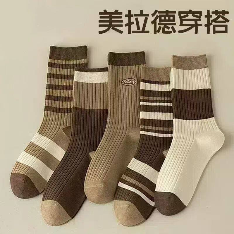 新款袜子秋冬男女美拉德中长筒堆堆潮流条纹百搭女士抑菌防臭吸汗
