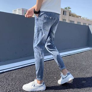 2024夏季九分牛仔裤男士修身小脚弹力韩版青少年浅色9分男生裤子