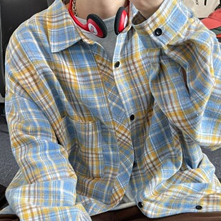 长袖衬衫男款2026春季新款韩版潮流日系复古格子bf风翻领衬衣外套