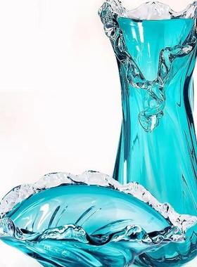 轻奢蓝色玻璃花瓶波浪花边水果盘居家客厅桌面样板间装饰摆件