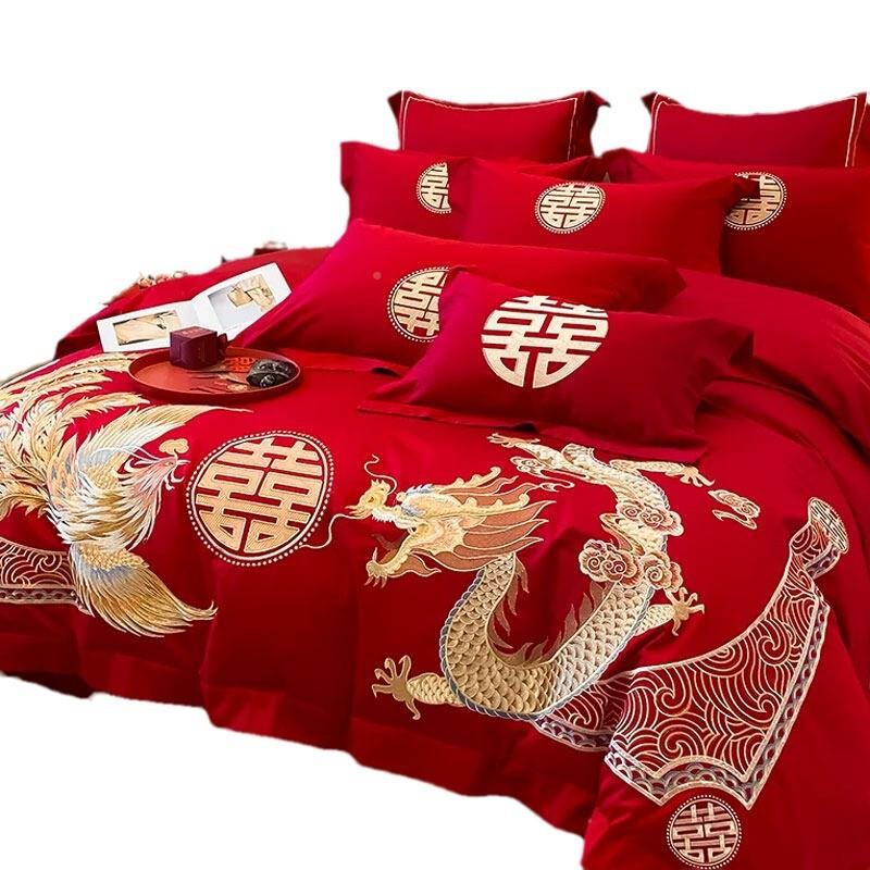 式婚红庆四件套陪嫁单喜被色刺Qhsd6k6H绣婚房中婚礼喜被套床结婚