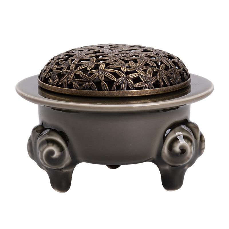 新中陶瓷青瓷盘香炉纯式铜盖内沉香艾草檀香CAC香熏室炉面香道摆