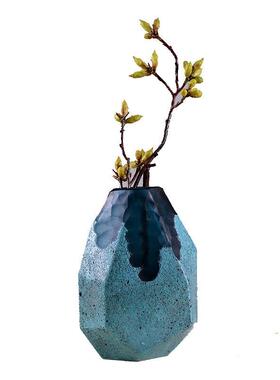 厂家直销欧式蓝色几何磨刻玻璃花瓶客厅花插摆件酒店样板间装饰