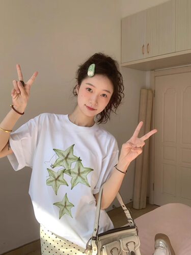 东大门白色宽松杨桃印花短袖T恤
