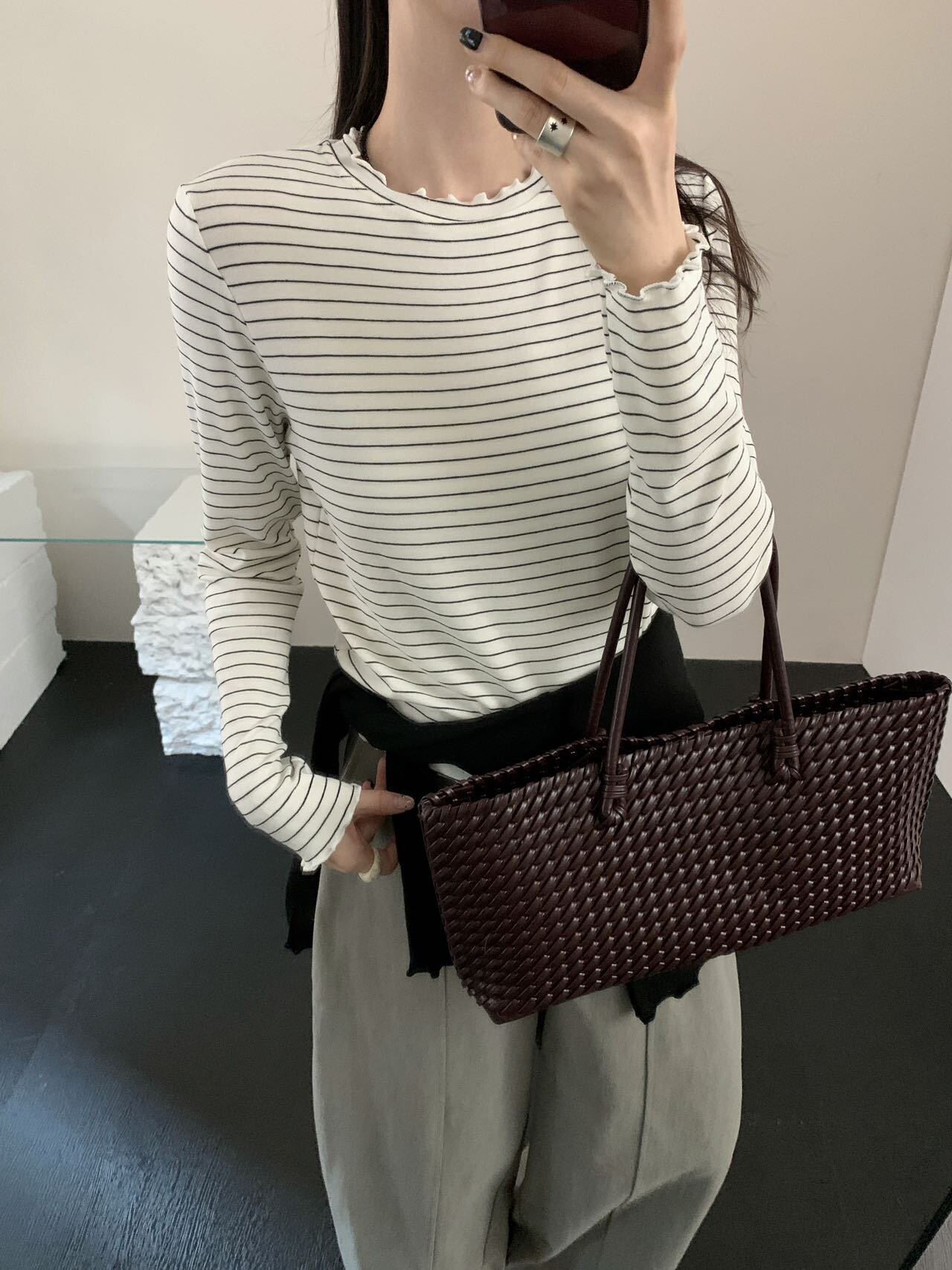 早春！egg韩国东大门鸡蛋家 气质木耳边长袖内搭打底衫上衣女