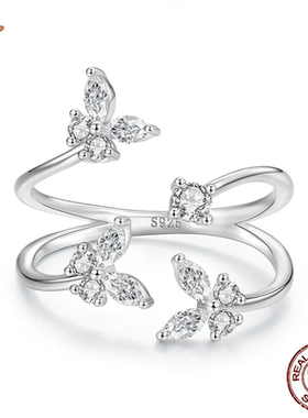 原创通体s925纯银蝶影开口戒指灵动优雅蝴蝶双层可调节戒指手饰