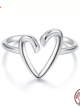 时予原创通体s925纯银镂空爱心开口戒指简约线条感心形可调节戒指