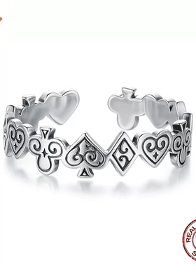 时予原创个性复古扑克牌开口戒指男女跨境流行s925纯银魅力戒指