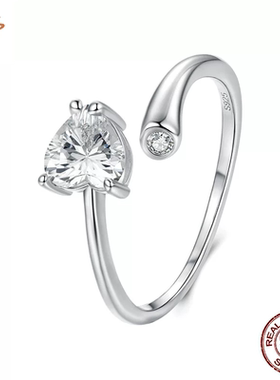 时予原创通体s925纯银爱心锆石开口戒指优雅奢华风可调节戒指婚戒