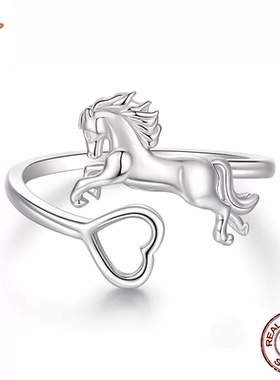 时予原创通体s925纯银爱马开口戒指中性风骏马爱心戒指手饰个性