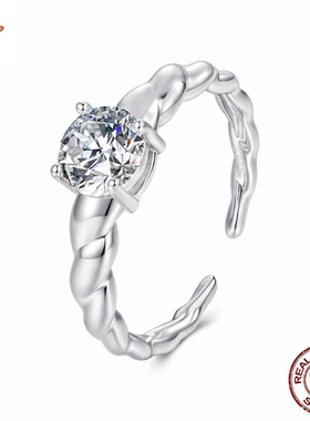 时予原创D色一克拉莫桑石麻花开口戒指婚戒s925银四爪闪耀戒指