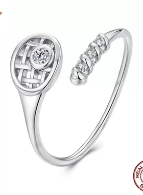 时予原创通体s925纯银锆石网球拍开口戒指时尚活力运动风戒指手饰