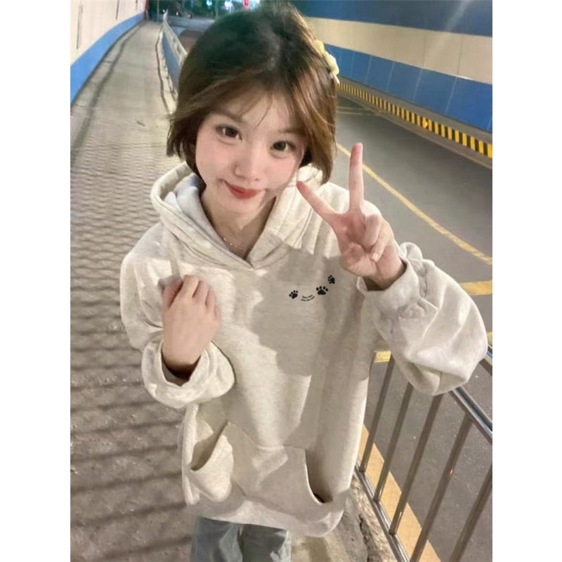 新款女白灰卫衣女宽松慵懒风上衣