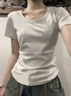 纯棉小衫 修身 2023新款 显瘦正肩短袖 圆领休闲百搭上衣潮 t恤女夏季