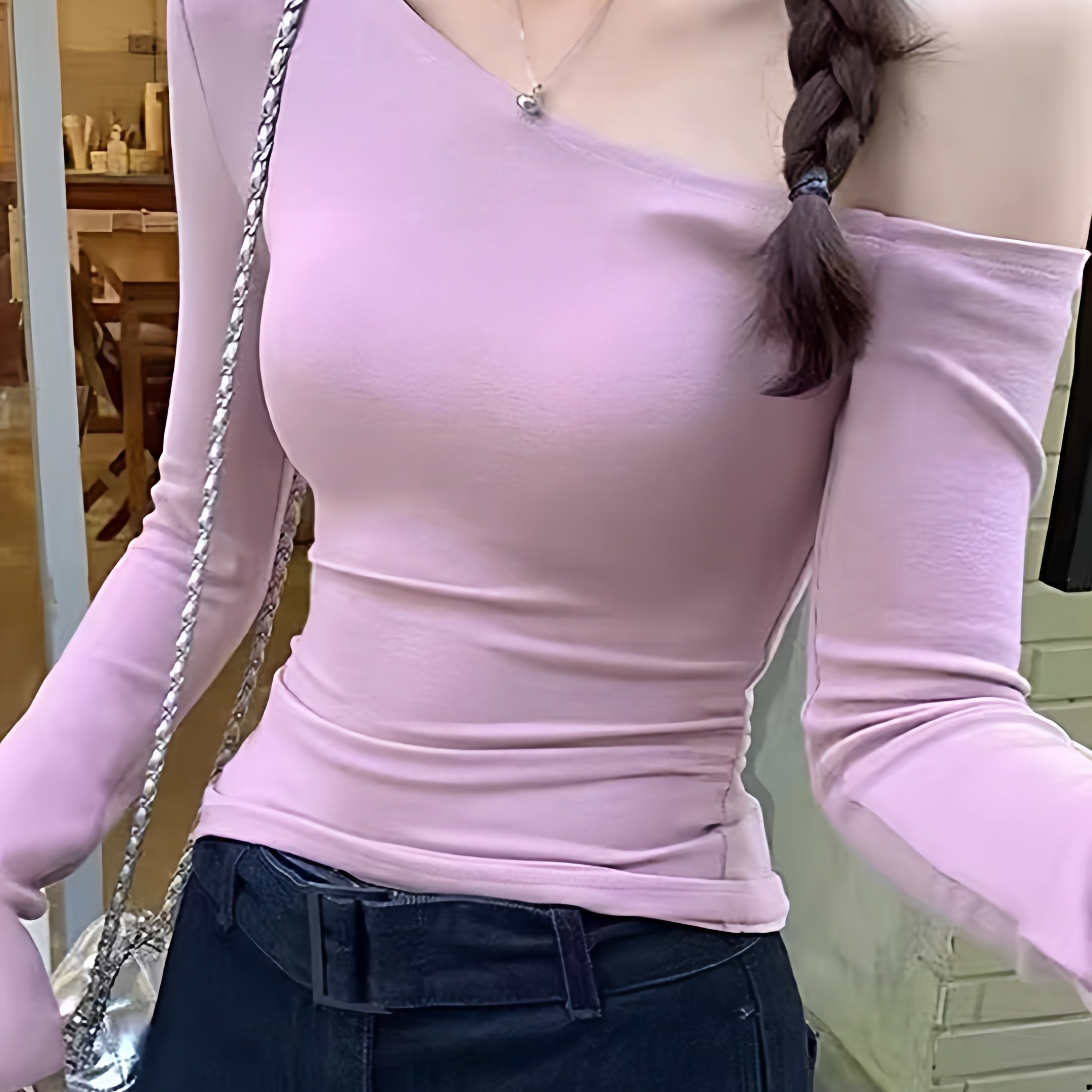 独特好看斜肩上衣露肩设计感长袖打底衫女生秋季2026新款修身T恤,女装/女士精品,T恤,淘宝优惠券,粉丝福利购,淘宝优惠卷