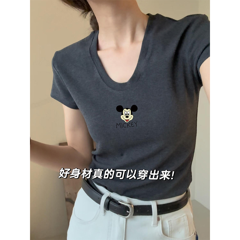 大码胖mm短袖T恤女U领纯棉上衣