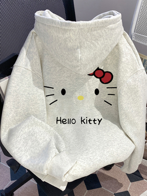 drew可爱凯蒂猫连帽灰色卫衣女款秋冬加绒加厚重磅纯棉小个子上衣