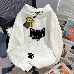 drew花灰色卫衣男女春秋新款纯棉重磅宽松美式初中生长袖连帽外套