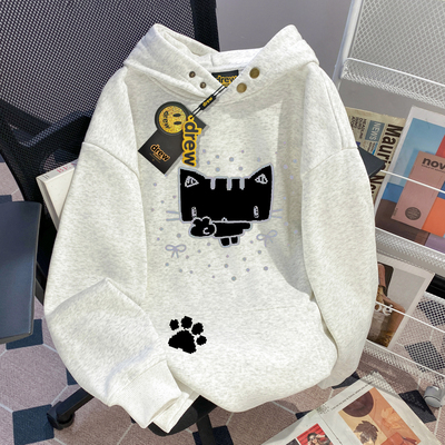 drew花灰色卫衣男女春秋新款纯棉重磅宽松美式初中生长袖连帽外套