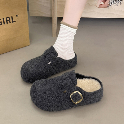 复古呢子加绒勃肯鞋女毛毛半拖鞋