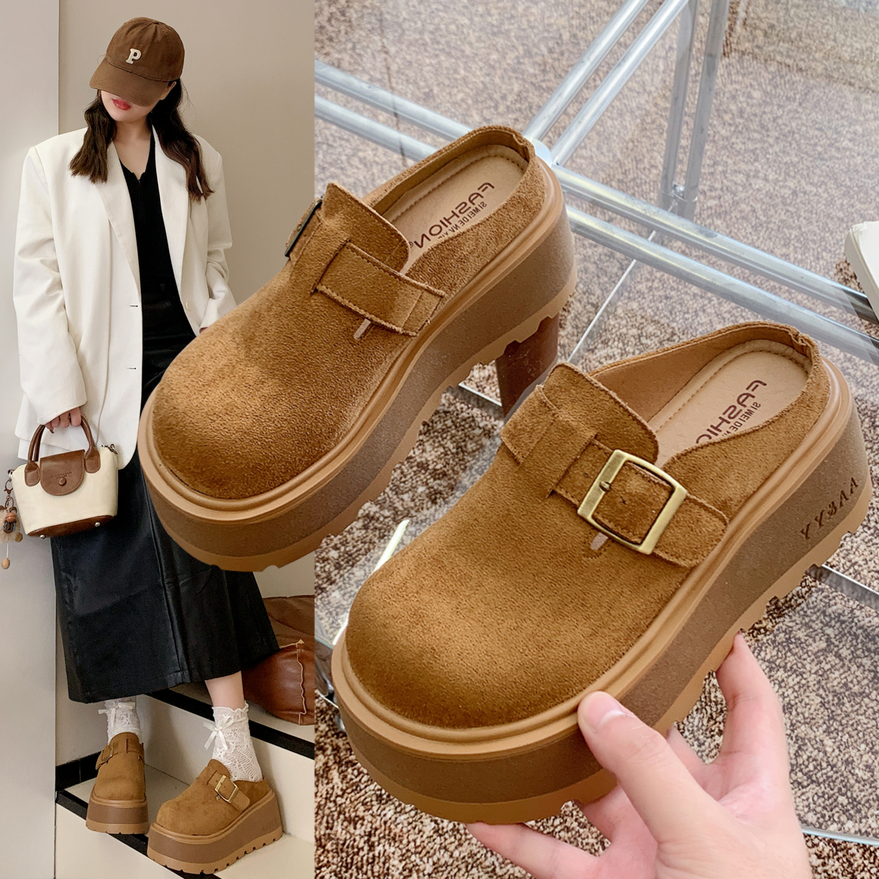 松糕厚底增高勃肯鞋一脚蹬包头半拖鞋女2026春季新款复古博肯单鞋,女鞋,包头拖,淘宝优惠券,粉丝福利购,淘宝优惠卷