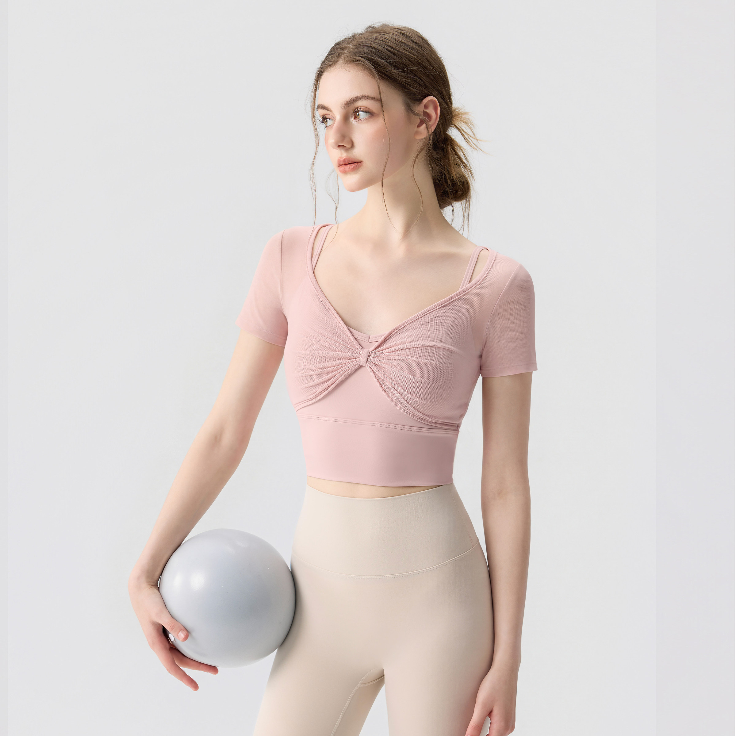 瑜伽服女2026新款网纱假两件修身速干健身运动上衣普拉提短袖套装