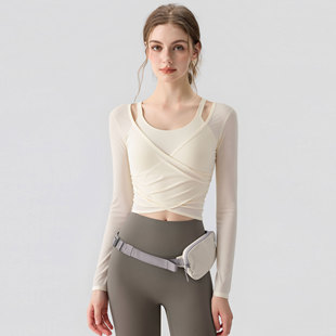 新丽雅瑜伽服女网纱罩衫长袖速干跑步运动上衣普拉提训练健身套装
