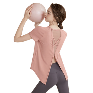 网纱瑜伽服女上衣半袖跑步运动罩衫宽松显瘦健身服短袖网红短袖夏