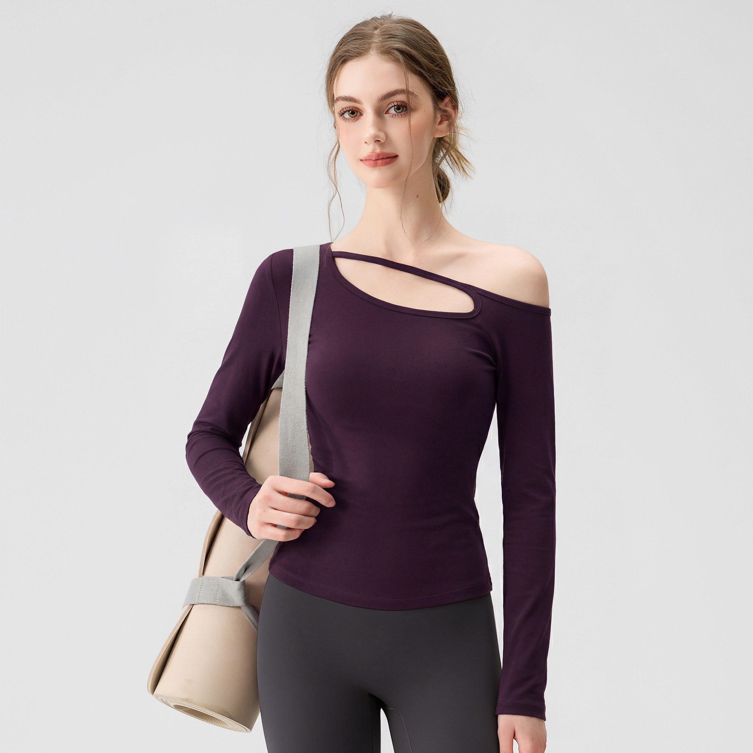 瑜伽服女2026新款露肩修身长袖显瘦跑步运动普拉提训练健身服上衣